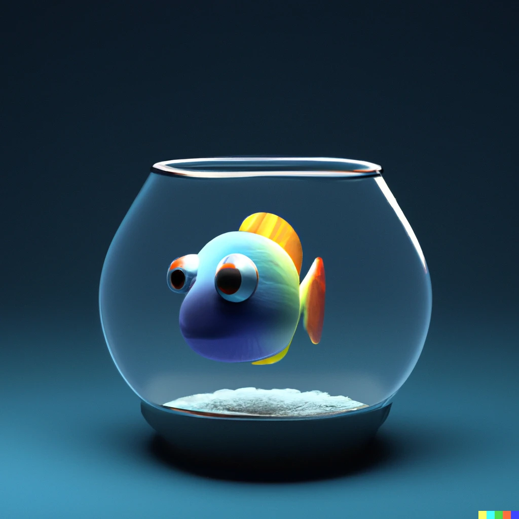 3D render of a cute tropical fish in an aquarium on a dark blue background, digital art